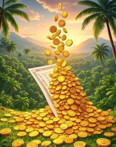 lottery ticket transforming into golden coins