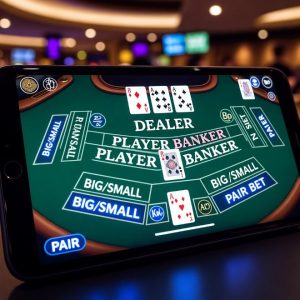 A stylish digital baccarat table with highlighted side bet options lit up on a mobile screen.