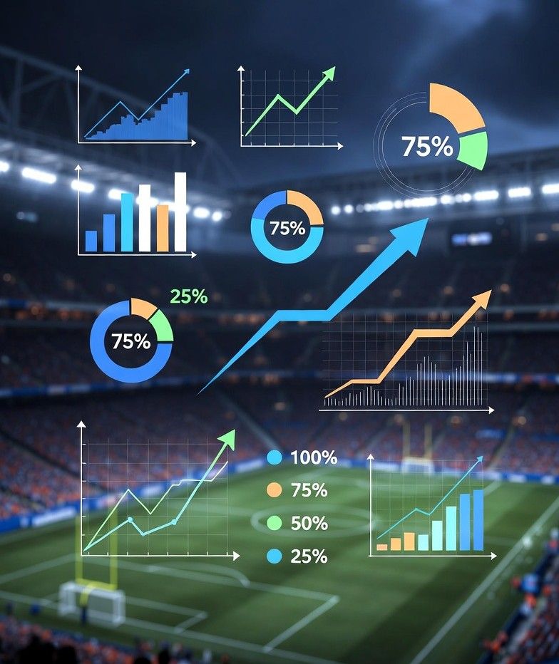 Concept art of digital growth charts overlaid on a football stadium