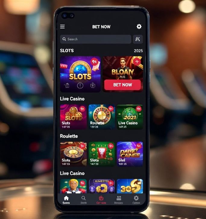 close-up of mobile betting app with slots and roulette