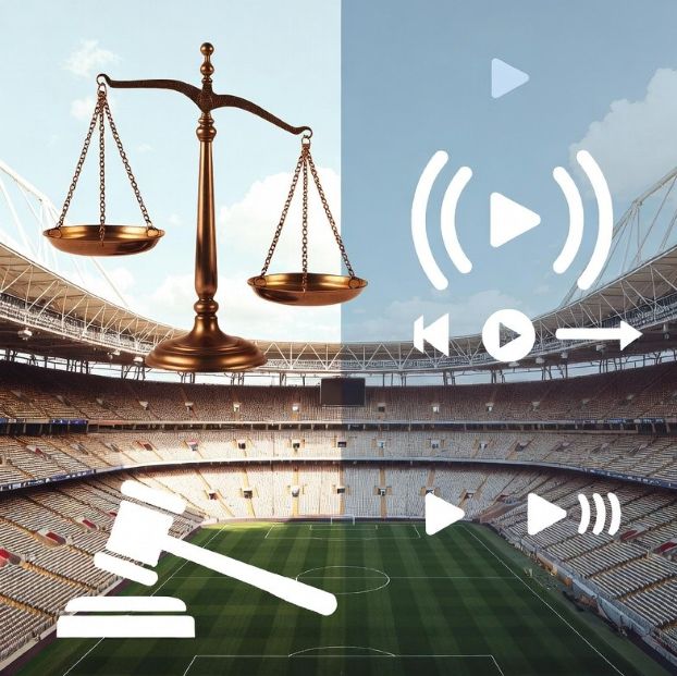 football stadium overlaid with legal scales and streaming icons
