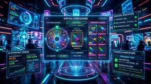 A futuristic gaming interface showing MM2-style virtual items displayed in a holographic casino environment, with digital fairness indicators and AI-driven dashboards glowing in the background, symbolizing the future of online gambling platforms.