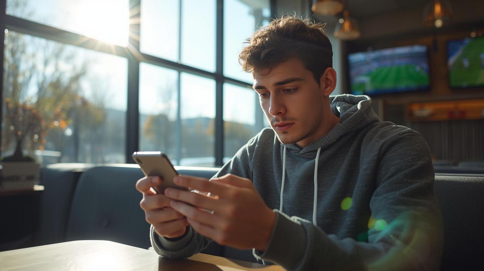 Young sports fan enjoys interactive digital gambling community during lively football evening.